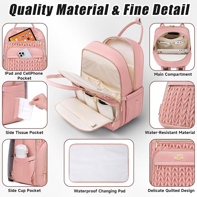 Tealari Diaper Bag Backpack,Stylish Baby Diaper Bag,Waterproof Travel Diaper Backpacks Baby Bags with Changing Pad,Stroller Straps,Insulated Pockets (Pink) - Image 5