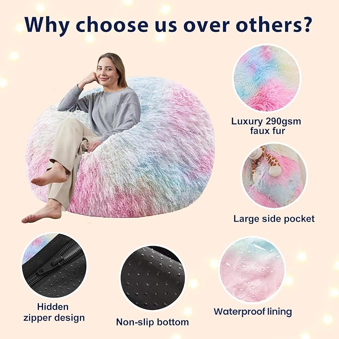 7FT Giant Fur Bean Bag Chair Cover, Ultra Soft Rainbow Bean Bag Chairs for Adults (No Filler, Cover only), Big Round Soft Fluffy Faux Fur Bean Bag Lazy Sofa Bed Cover, Washable Big Size Bean Bag Cover - Image 5