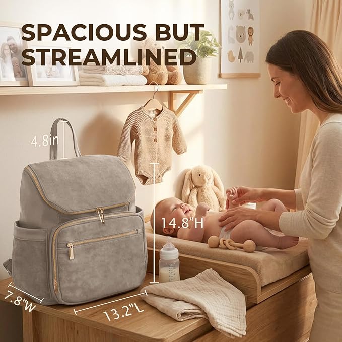 miss fong Leather Diaper Bag Backpack Suede Baby Backpack with Changing Pad | 14Pockets Convertible Mommy Diaper Backpack for Mom Waterproof Wet Pocket,Insulated Pockets,Stroller Straps Luggage Sleeve - Image 2