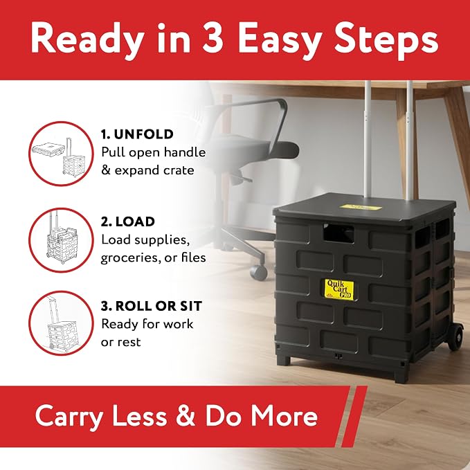 dbest Products Quik Cart Pro Collapsible Rolling Crate on Wheels - Black | Roll Up to 120 lbs Capacity, Heavy Duty Plastic Construction, Telescoping Handle, Folding Utility Cart - Image 5