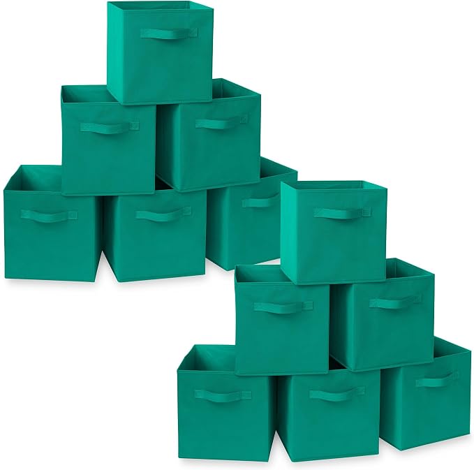 Casafield Set of 12 Collapsible Fabric Cube Storage Bins, Teal - 11" Foldable Cloth Baskets for Shelves, Cubby Organizers & More by Casafield