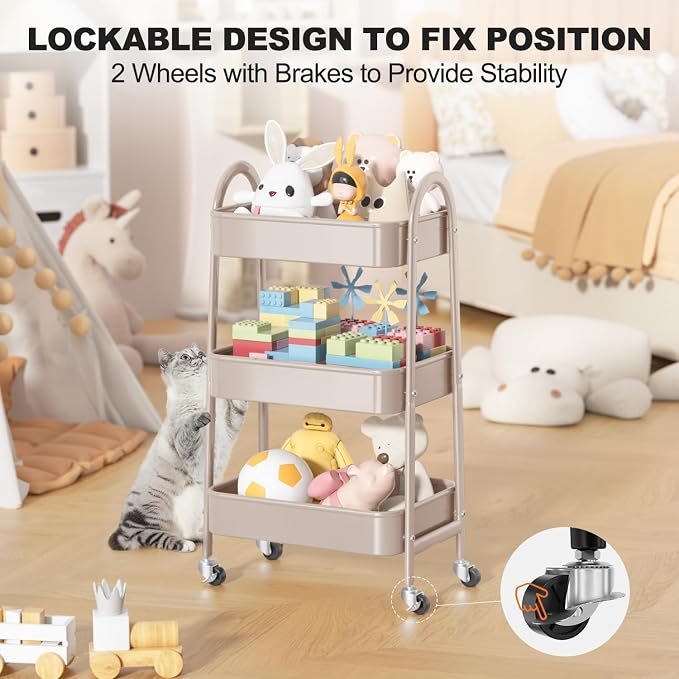 3 Tier Rolling Cart, Large Metal Storage Cart with Handle and Lockable Wheels, Big Multifunctional Storage Organizer Trolley with Mesh Baskets for Kitchen, Living Room, Office, Garage (Beige) - Image 5