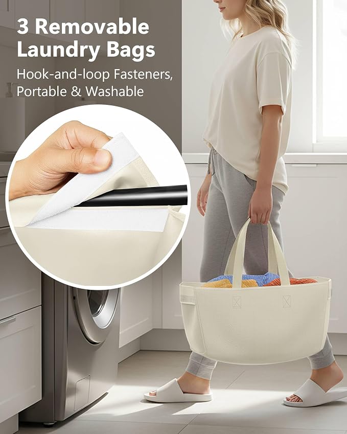 3 Section Laundry Sorter with Removable Bags, 120L Rolling Vertical Laundry Hamper, Stackable Laundry Baskets organizer for Bathroom, Apartment, Dorm (Beige, With Wheel) - Image 3