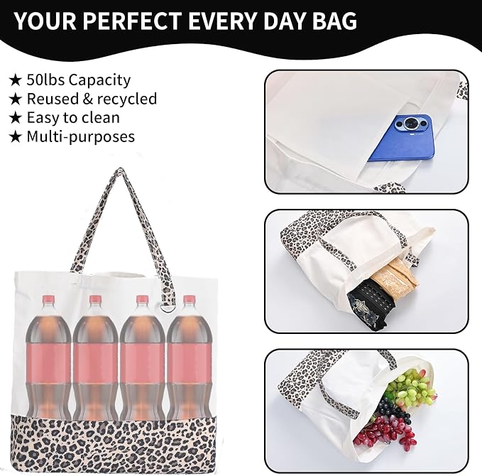 6-Pack Canvas Tote Bags with Zipper, Large Grocery Tote, Leopard Print | Reusable, washable, inner pocket, flat bottom, sturdy handle, for sublimation DIY/transfer, travel/beach/gift/Christmas craft - Image 3