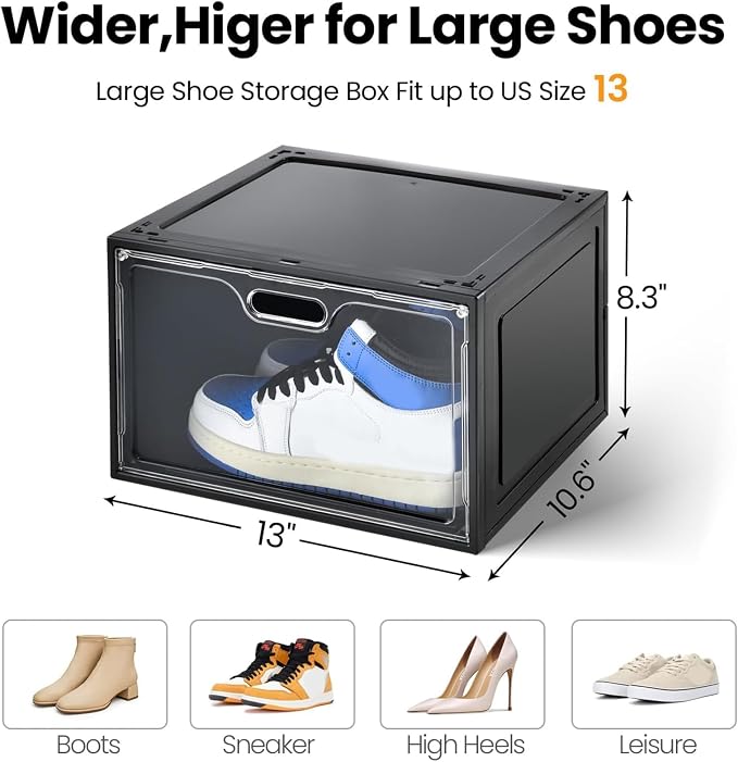 8 Pack Drop Side Shoe Boxes, Large Stackable Shoe Storage, Thick Plastic | Sneaker Storage with Magnetic Door, Shoe Organizer for Closet, Sturdy Shoe Containers, Sneaker display Case Fit up to Size 13 - Image 2