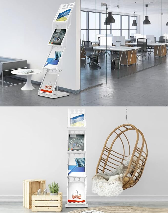 QWORK Foldable Brochure Display Stand, Magazine Brochure Display Rack Stand, 4 Pocket Literature CatalogTradeshow Display Stand, for Office Store and Exhibition Trade Show (White) - Image 3