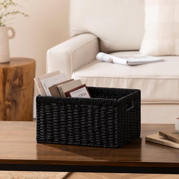 joybest Black Wicker Baskets for Shelves, Hand-woven Storage Baskets | 13.4L x 8.3W x 7.1H inch for Pantry, Kichen Organizing, Foldable Rectangular Bin with Handles, 2-pack - Image 7