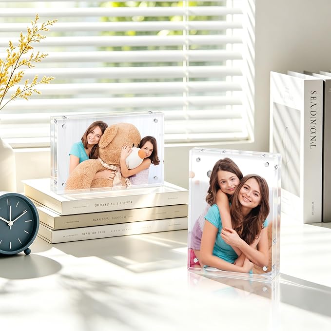 4x6 Acrylic Picture Frame Set of 3, 20mm Thick, Tabletop Display | Double-Sided Transparent Magnetic Frameless Photo Frame, for Photos, Fits Home, Office - Image 2