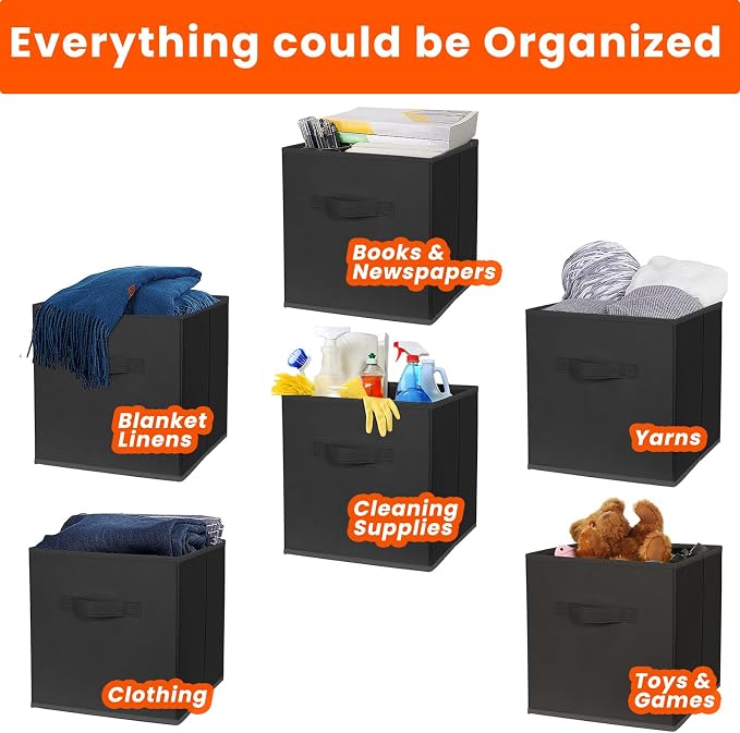 Storage Cubes, 11 Inch Clothes Storage Bins for Shelves Closet (10 Pack), Fabric Collapsible Storage Bins with Dual Handles, Cubby Storage Baskets for Magazines, Dorm Essentials (Black) - Image 4