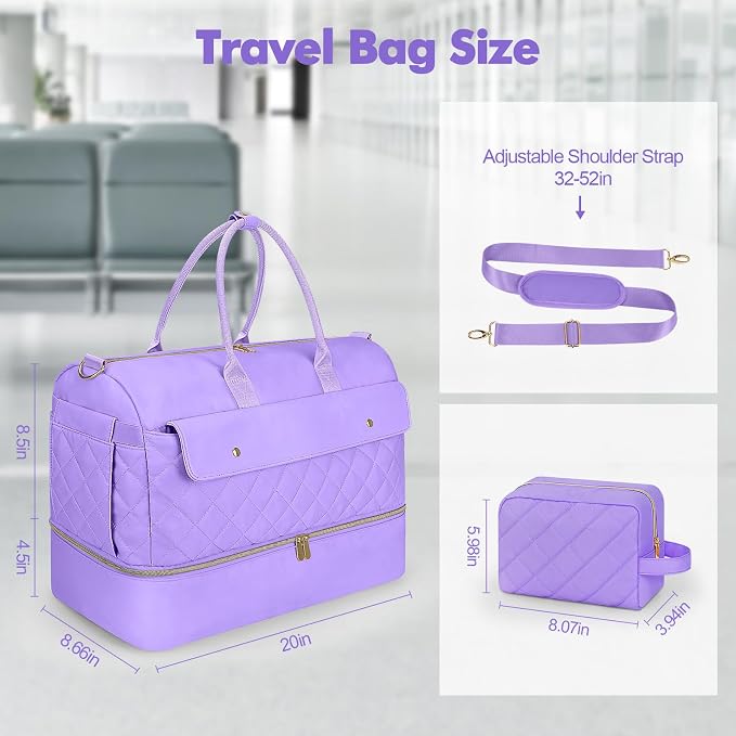 Weekender Bags for Women, Large Travel Duffel Bag with Shoe Compartment, Carry on Overnight Bag with Toiletry Makeup Bag, Gym Duffel Bag for Travel Gym Camping Hospital, Purple - Image 4