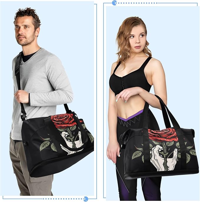 MNSRUU Unisex-Adults Travel Duffel Tote Bag Gothic Skull Rose Sports Gym Weekender Overnight Carry On Hospital Bag, 17.32 x 8.66 x 15.55 inches (expanded), Skull I 4148 - Image 4