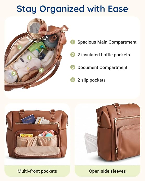 mommore PU Leather Convertible Diaper Bag Backpack, Crossbody Bag Tote | Converts into Diaper Backpack, Crossbody Bag, PU Leather Tote, Waterproof Changing Pad - Image 3