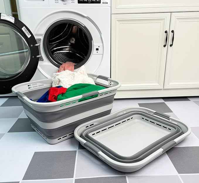 SAMMART Set of 2 Collapsible Plastic Storage Basket - Foldable Pop Up Storage Container - Portable Laundry Organizer - Space Saving Hamper (Grey, 42L (Style A)) - Image 3