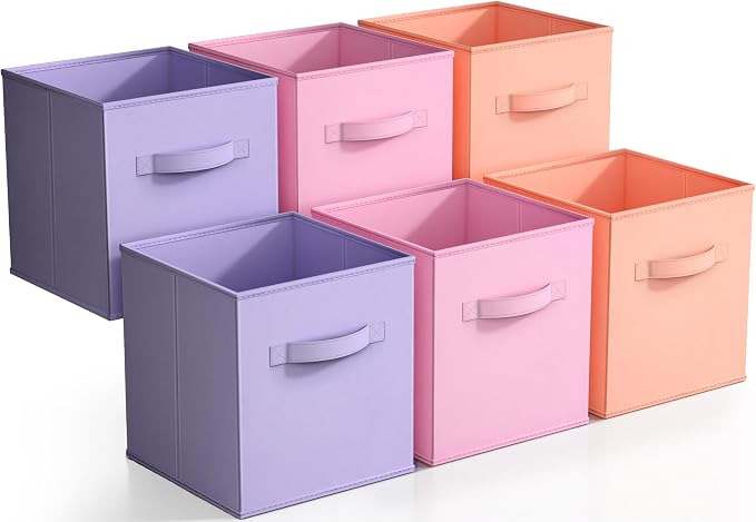 Sorbus Storage Cubes - 11" Foldable Storage Bins with Handle for Nursery, Playroom, Closet Organizers and Storage - 6 Fabric Shelf Basket for Toys, Books, Clothes - Orange Purple & Pink Storage Cubes by Sorbus