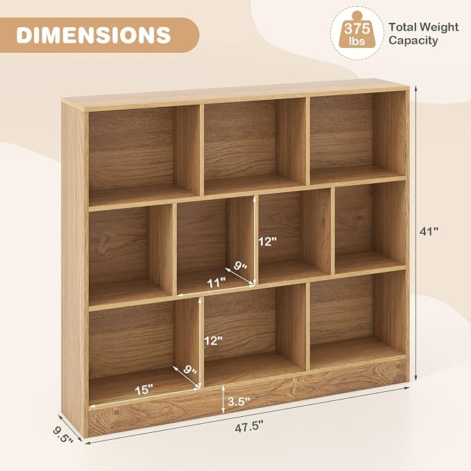 HONEY JOY Kids Toy Storage Organizer, 10-Section Wooden Floor Storage Cabinet, 41” Daycare Toy Chest, 3-Tier Kids Display Bookshelf for Classroom, Playroom & Nursery, Kindergarten (Natural) - Image 3