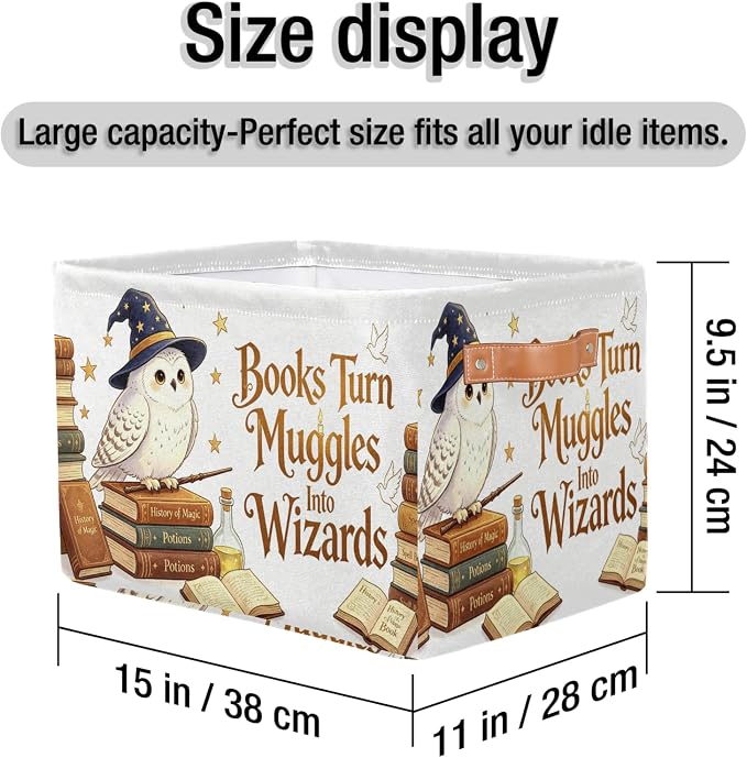 Magic Nursery Decor Baby Basket Large Blue Hat Wand Basket Owl Kid Gift Collapsible Book Shelf Clothes Rectangle Toy Bin 15"x11"x9.5" Set of 2 - Image 3