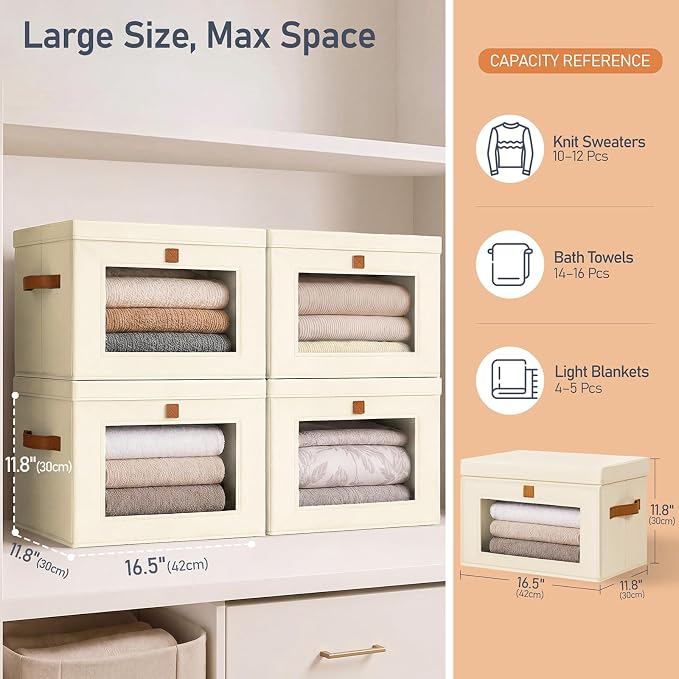 DIMJ Storage Bins with Lids - 5 Pack Front Opening Stackable Fabric Storage Boxes with Clear Window & Handles, Collapsible Closet Organizers for Clothes, Sweaters, Shelf Storage, Bedroom, Beige - Image 6