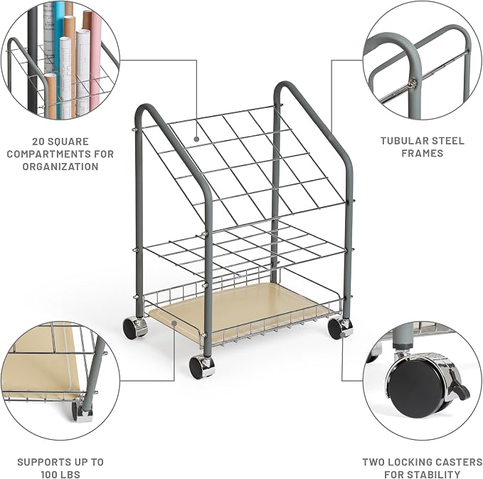 Safco Tubular Steel Wire Roll File Cart, Document and Blueprint Holder, 20 Compartment, Rolling Organizer Cart for Architectural Drawings, Construction Plans and Map Storage - Image 2