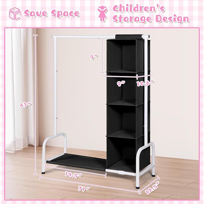 Univivi Kids Clothing Rack with Hanging Organizer, 43 Inch, Black and White | Toddler Dress Up Storage with Bottom Shelf, Sturdy Metal Dress Up Rack, Toddler Wardrobe Rack for Nursery, Playroom, Bedroom - Image 3