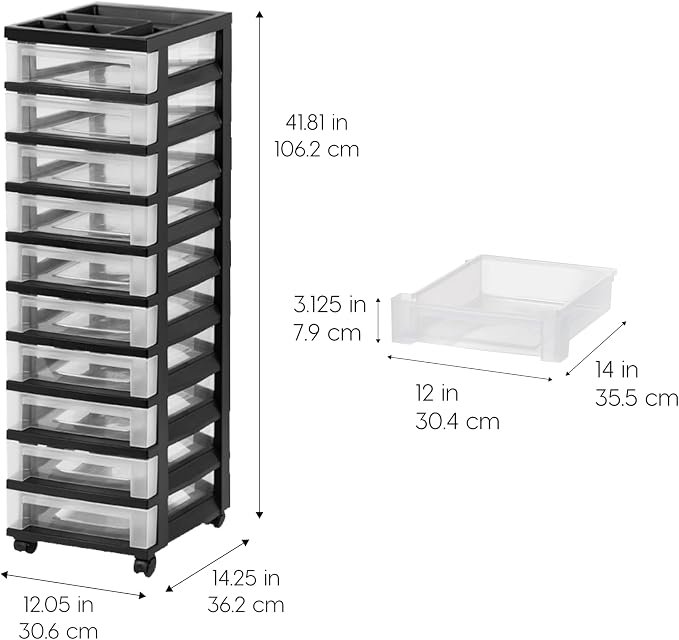 IRIS USA 10-Drawer Rolling Storage Cart, Black/Clear | Keep classroom supplies, teacher essentials, craft materials, and learning tools organized with easy-access drawers. - Image 3