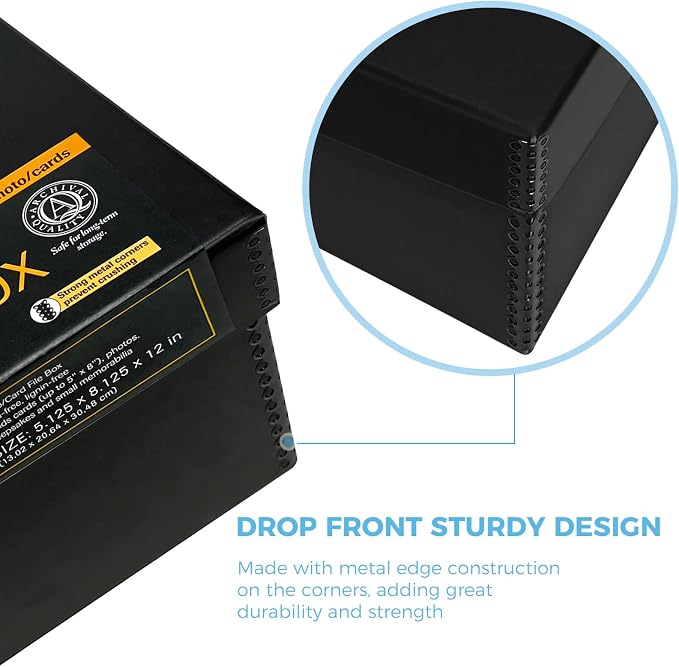 Lineco Archival Photo Card Box, Museum-Quality Storage, 5x8x12 Inch, Black | Acid-Free with Removable Lid, Metal-Edge Corner, Bulk Storage and Preservation for Negatives, Prints, Films, Photos, Snapshot - Image 3