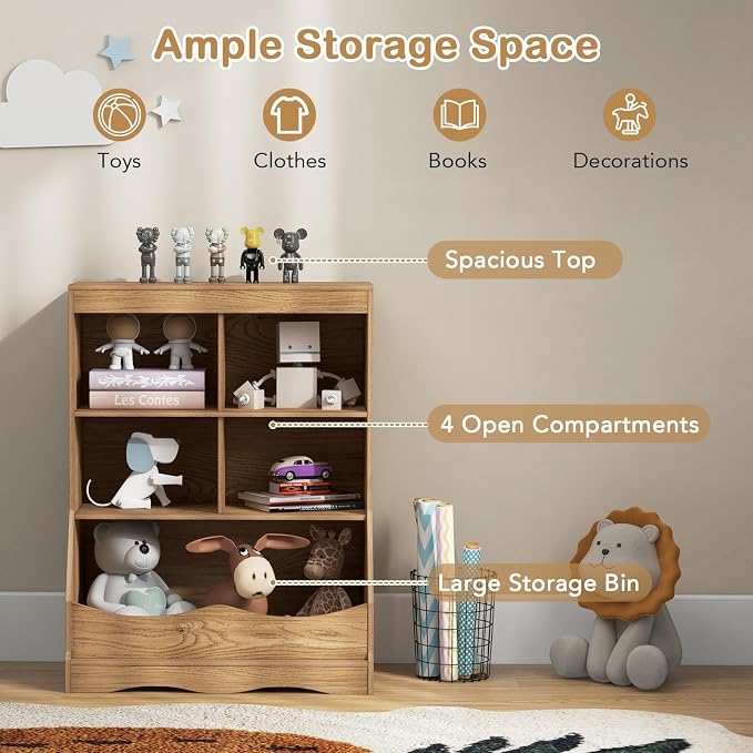 HONEY JOY Kids Toy Storage Organizer with Bookcase, 4-Cubby Organization Storage Cabinet w/Display Shelf, Wooden Toy Storage Unit for Playroom, Nursery Daycare (Natural) - Image 4
