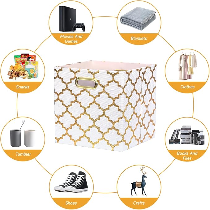 Posprica 11x11x11 Storage Cube Bins, Collapsible Storage Bins Fabric Storage Cubes Organizer Baskets Box Drawers for Shelves, Closet, Wardrobe, Bookshelf, Cabinet, Cream/Gold Lantern, 4 Pack - Image 5