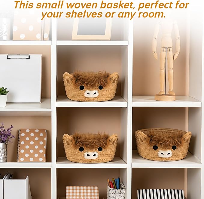 3 Pack Small Highland Cute Cow Storage Baskets for Organizing Gift Basket | Woven Decorative Nursery Shelves Rope Cotton Storage Bins for Gifts Empty, Mini Burr Baby Shower with Handles,7 IN - Image 3