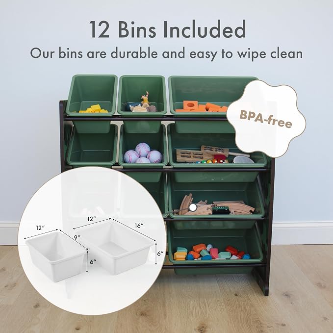 Humble Crew Kids Toy Organizer with 12 Bins, 4 Tier Storage for Playroom | Sturdy wood and steel toddler shelf, removable BPA-free containers, wall anchor anti-tip safety kit for bedroom or classroom - Image 3