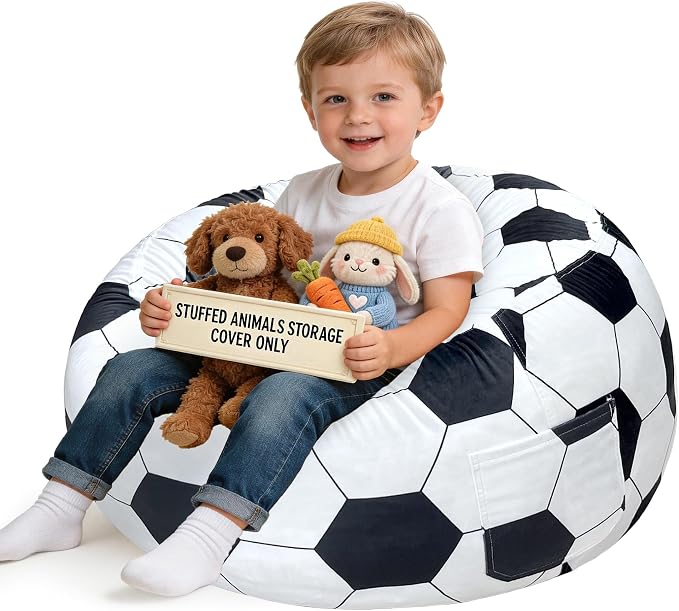 Lukeight Soccer Stuffed Animal Storage Bean Bag Chair Cover for Kids, Velvet Plush Toy Organizer Seat, Cover Only, No Filling Included, Long YKK Zipper, Side Pocket, Large 27"D x 16"H by Lukeight