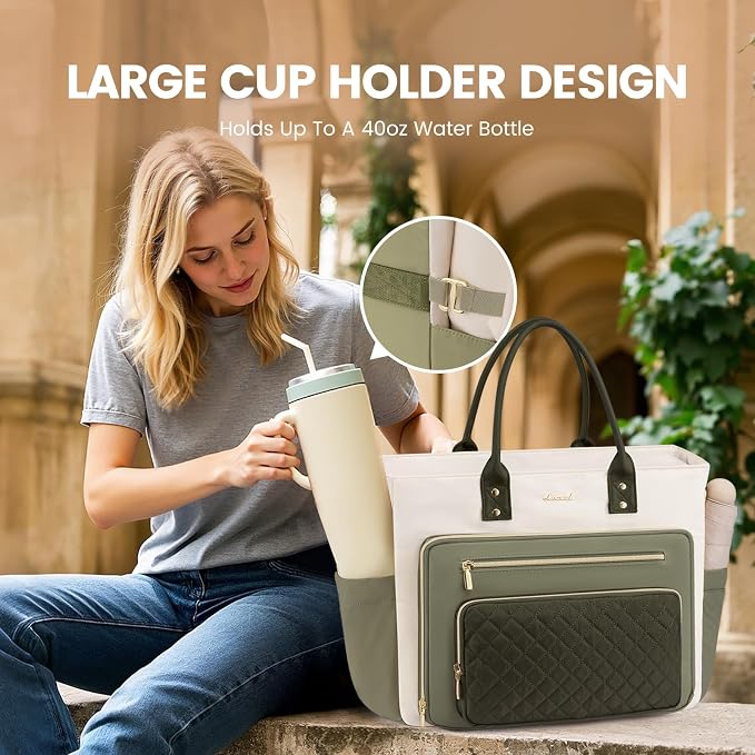 LOVEVOOK 17 Inch Laptop Tote Bag for Women, Teacher Nurse Work Bags, Laptop Bag With Large Cup Holder, Professional Briefcase Business Computer Purses Handbag Gifts,Light Green-Beige-Olive Green - Image 6