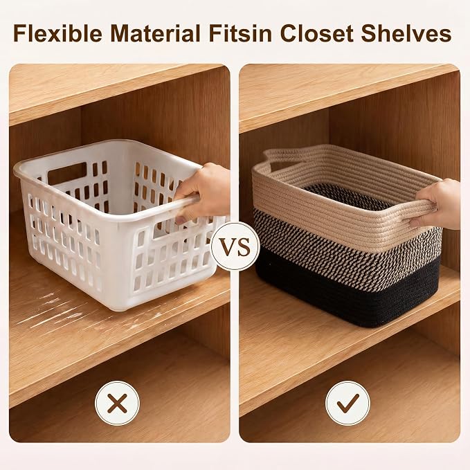 OIAHOMY Storage Basket, Woven Baskets for Storage, Cotton Rope Basket for toys,Towel Baskets for Bathroom - Pack of 3, Black & Brown - Image 7