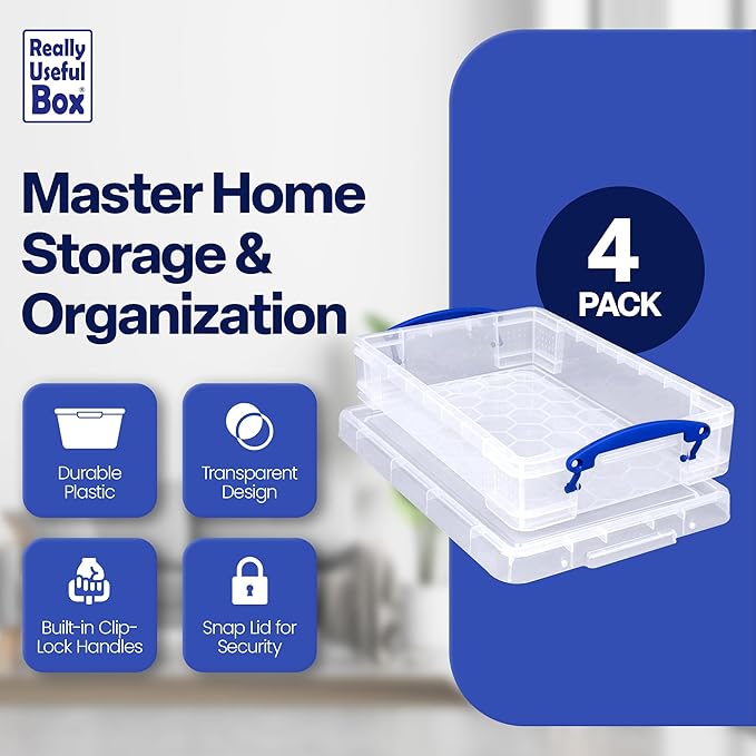 Really Useful Box 4 Liter Plastic Stackable Storage Container w/Snap Lid & Built-In Clip Lock Handles for Home & Office Organization, Clear (4 Pack) - Image 2