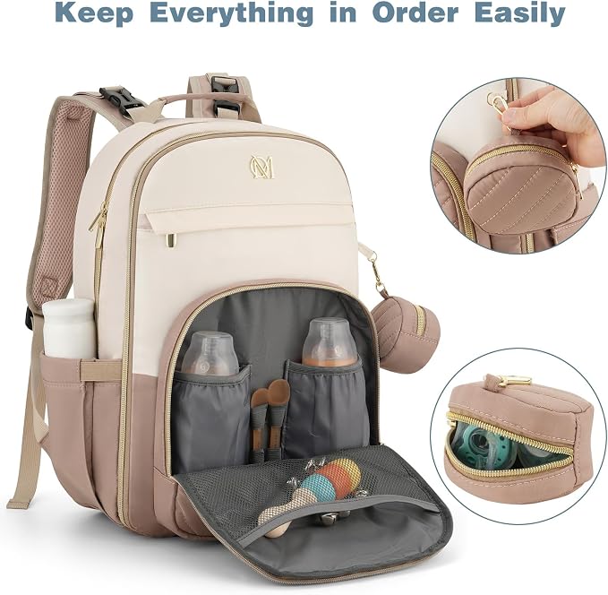 Diaper Bag Backpack, Quilted Baby Bag with Changing Pad & Stroller Straps & Pacifier Case, Large Travel Diaper Bags for Mom Dad, Khaki - Image 3