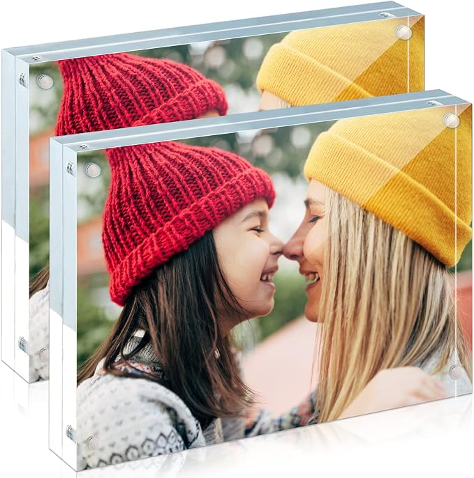 ILYXY 2 Pack Acrylic Frame 4x6, 20% Thicker, 20mm Thick Frameless Clear Picture Frame, Double Sided Magnetic Photo Frame, Free Standing Desktop Display Stand Acrylic Picture Frames by ILYXY
