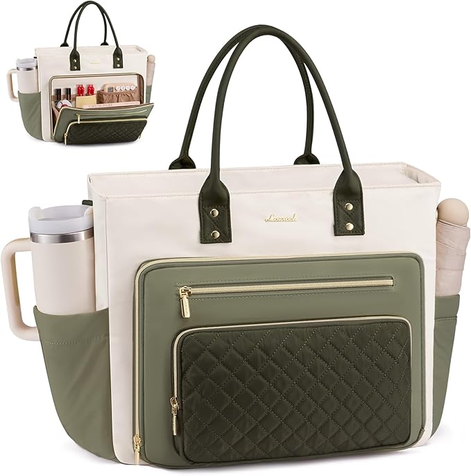 LOVEVOOK 17 Inch Laptop Tote Bag for Women, Teacher Nurse Work Bags, Laptop Bag With Large Cup Holder, Professional Briefcase Business Computer Purses Handbag Gifts,Light Green-Beige-Olive Green by LOVEVOOK