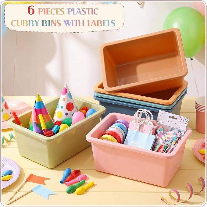 Thyle 6 Pieces Plastic Cubby Bins with Labels Classroom Book Bins Stackable Storage Container Durable Toy Storage Organizer Baskets for School Classroom Office (Classic,Morandi Color1) - Image 4
