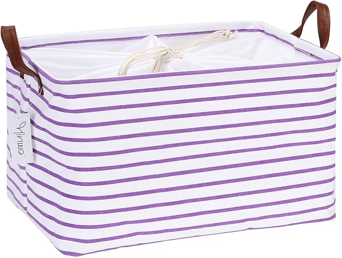 Hinwo 31L Large Canvas Storage Bin with Lid and Handles | Collapsible Fabric Basket, Closet Shelf Organizer, Container for Clothing, Blankets, Toys, Bedding (Purple Stripe) by Hinwo