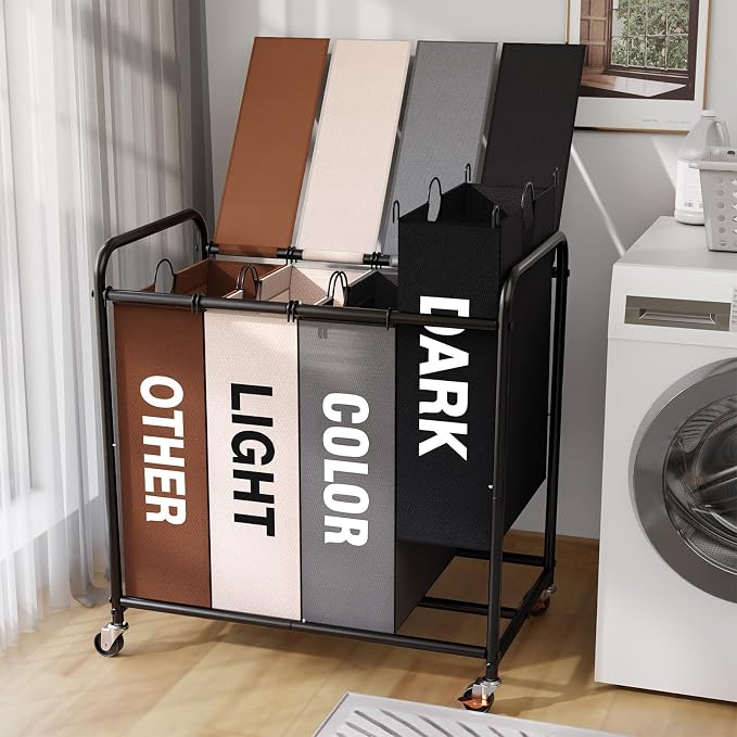 180L Laundry Sorter 4 Section with Lockable Wheels and Lid Multicolor | 4 Large Separate Removable Bag|Heavy Duty Rolling Laundry Basket|Laundry Hamper Cart for Laundry Room Organizer by YKDIRECT