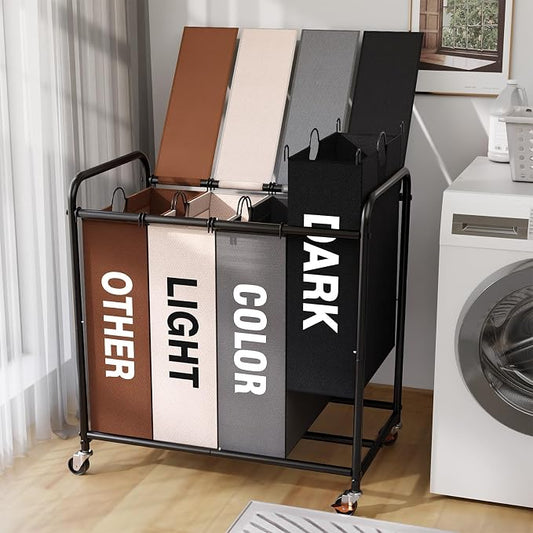 180L Laundry Sorter 4 Section with Lockable Wheels and Lid Multicolor | 4 Large Separate Removable Bag|Heavy Duty Rolling Laundry Basket|Laundry Hamper Cart for Laundry Room Organizer by YKDIRECT