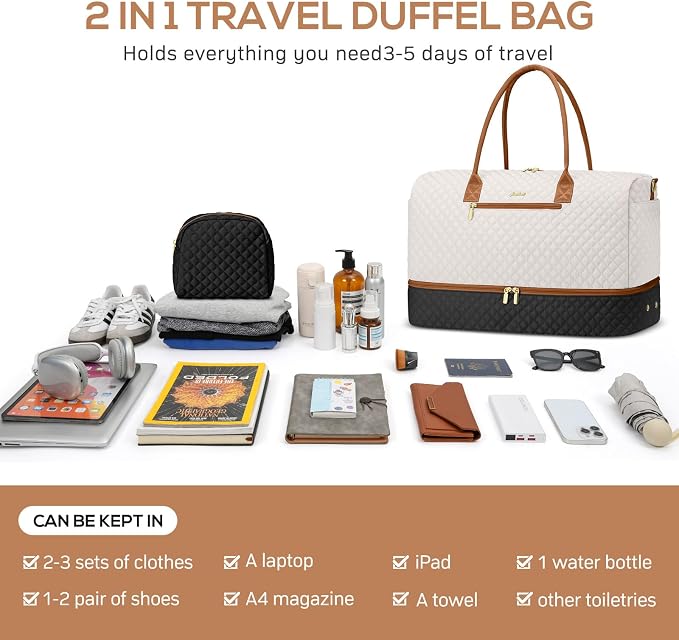 Travel Weekender Duffle Bags for Women - Duffel Bag with Shoe Compartment Carry On Overnight Bag with Toiletry Bag with Wet Pocket for Gym Hospital Bags for Labor and Delivery Black White Brown - Image 4