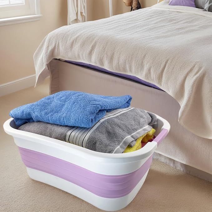 SAMMART 30L (7.9 gallon) Collapsible Plastic Laundry Basket - Foldable Pop Up Storage Container/Organizer - Portable Washing Tub - Space Saving Hamper/Basket (1, White/Pale Purple) - Image 2