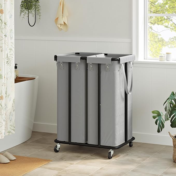 WOWLIVE Double Laundry Hamper with Wheels, 170L Rolling Laundry Basket | 2 Section Laundry Hamper, Laundry Cart with Steel Frame, Removable Bags, Large Dirty Clothes Hamper Dorm Room Storage, Grey - Image 3