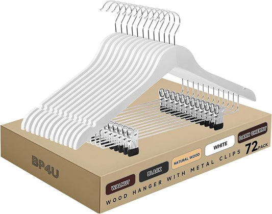 Wooden Hangers with Adjustable Metal Clips, 72-Pack, White | Solid Wood Hangers with 360° Rotatable Hook for Skirt, Dress, Coats, Jacket and Pants, Space-Saving and Non-Slip Design by BP4U%E2%84%A2