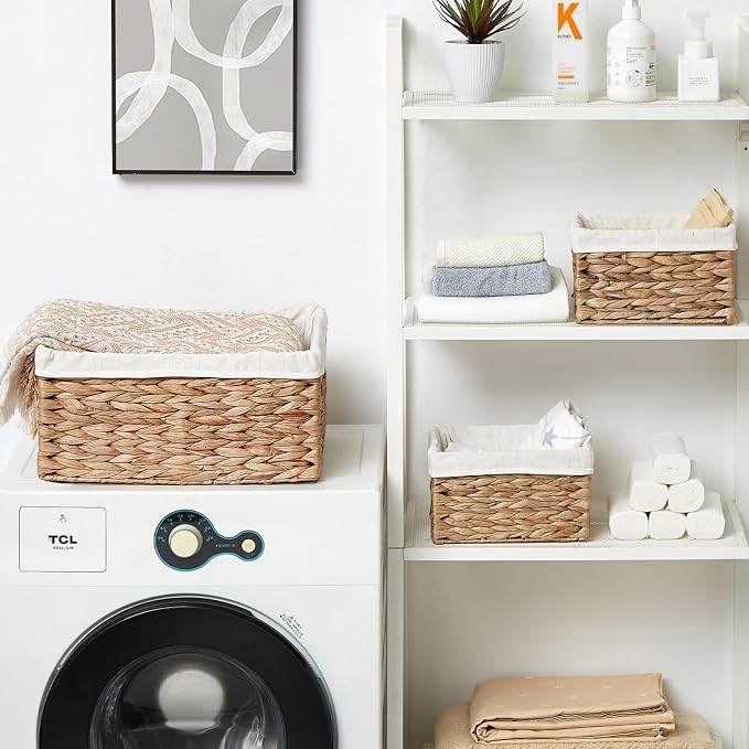 Wicker Basket, 3-Pack Water Hyacinth Wicker Storage Basket with Handles, Storage Baskets for Organizing, Large Hyacinth Storage Baskets for Shelves with Liner (Water Hyacinth Baskets Set) - Image 4