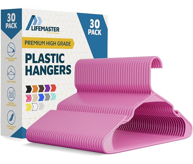 Lifemaster Plastic Clothes Hangers – Heavy Duty Hanger Set, for Organizing Clothes, Dresses, and Coat, Holds Up to 5 lbs, Space-Saving Hangers with Non-Slip Shoulder Grooves, Pack of 30, Pink by LIFEMASTER