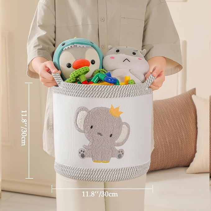 3-Piece Woven Baby Toy Blanket Storage Baskets Laundry Hampers, Elephant Design Foldable Nursery Organizer for Toys Clothes Stuffed Animals, Roomy Sturdy Hamper for Baby Gift Nursery Decor Basket - Image 5