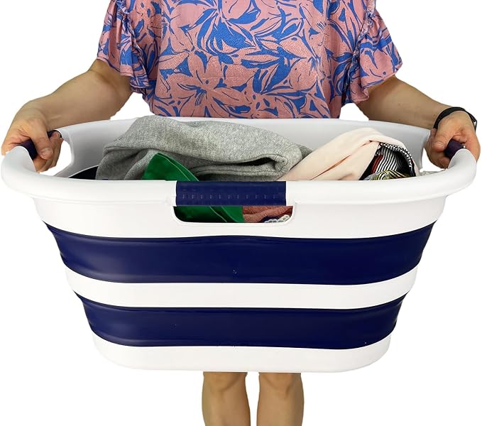 SAMMART 40L (10.5 gallon) Set of 2 Collapsible Plastic Laundry Hamper - Foldable Pop Up Storage Container/Organizer - Portable Washing Tub - Space Saving Basket (2, White/Starry Blue) - Image 7