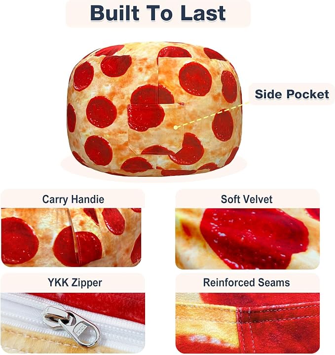 Lukeight Pizza Stuffed Animal Storage Bean Bag Chair Cover for Teens, Velvet Plush Toy Organizer Seat, Cover Only, No Filling Included, Long YKK Zipper, Side Pocket, XX-Large 36"D x 20"H - Image 6