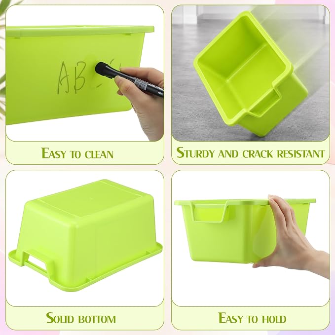 Thyle 12 Pieces Plastic Cubby Bins with Labels 11.6 x 7.7 x 5 Inch Classroom Book Bins Stacking Storage Container Organizer Storage Cubbies for Classroom Office (Handle,Light Color) - Image 3